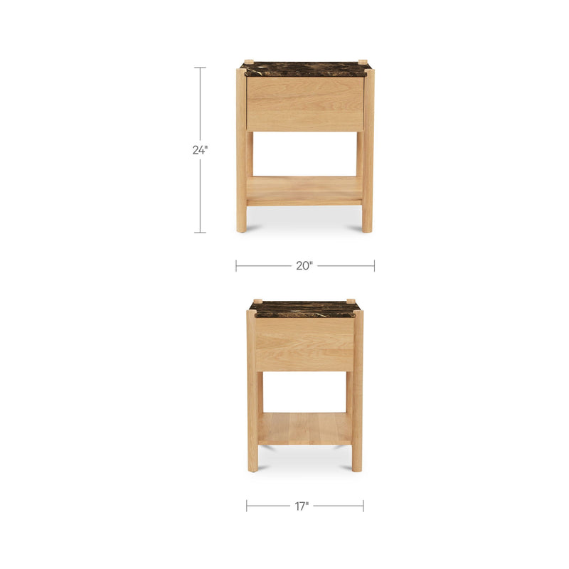 Wood nightstand with dark top and open shelf; shown with 24 in height