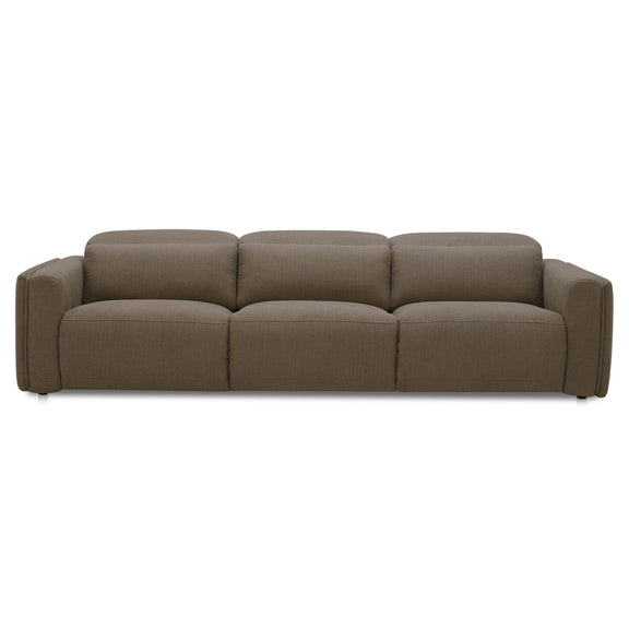 Taupe power recliner sofa with padded arms and three seat cushions
