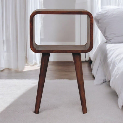 Dark brown open curved nightstand with rounded frame and four tapered legs