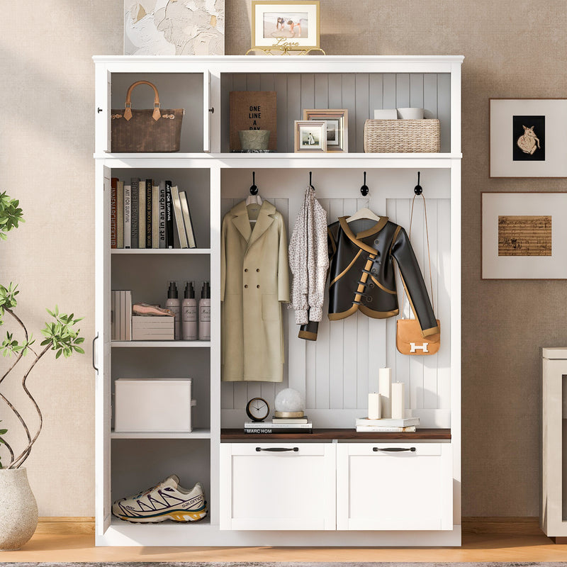 Hall Tree with Bench Adjustable Shelves White