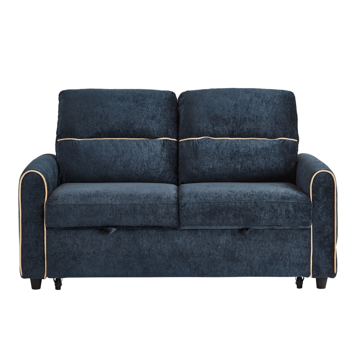 Blue pull-out sofa bed with adjustable 3-position backrest, gold-trim arms, legs