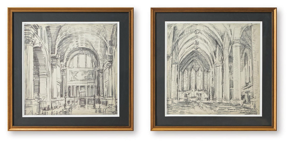 Set of 2 framed architectural sketch prints, brown frames with dark mats.
