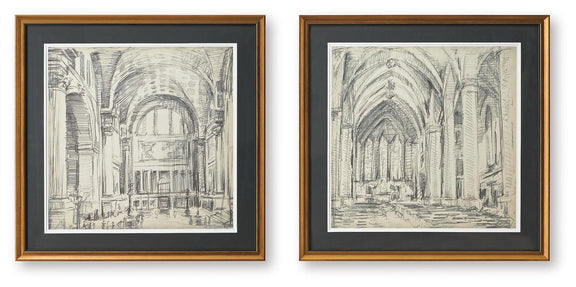Set of 2 framed architectural sketch prints, brown frames with dark mats.