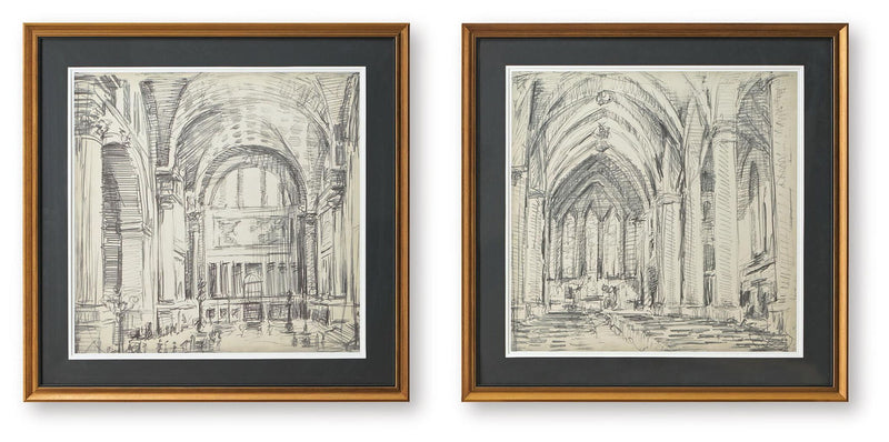 Set of 2 framed architectural sketch prints, brown frames with dark mats.