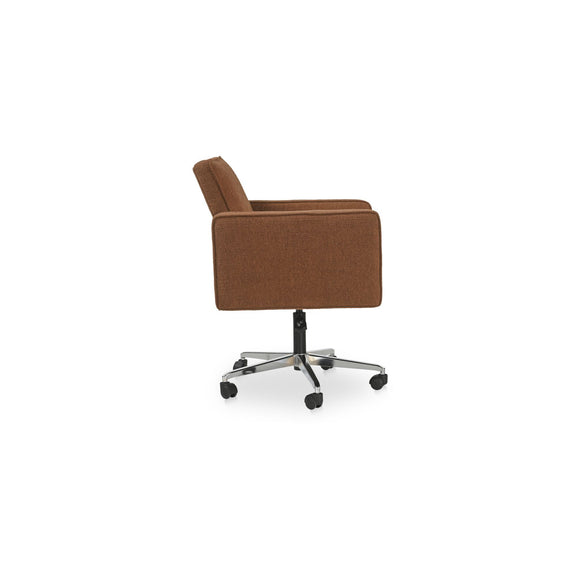 Harris office chair in dark brown upholstery, curved arms, and 5-wheel swivel base