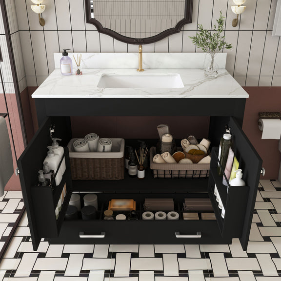 Black vanity cabinet with open doors and two drawers, showing storage