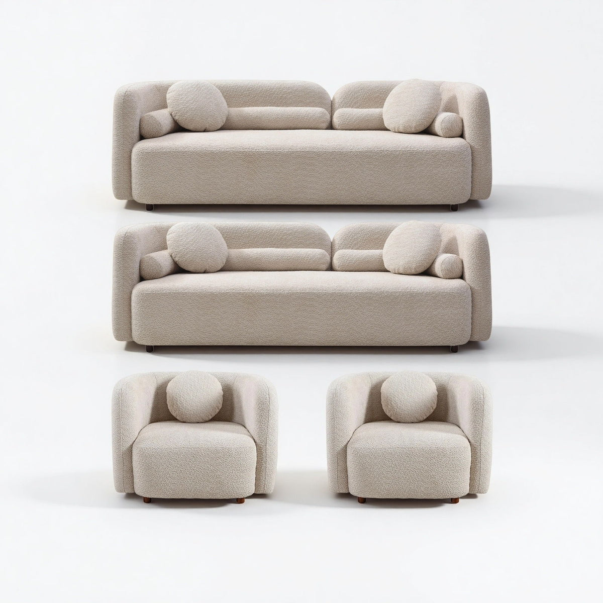 Beige upholstered seating set with two sofas and two armchairs, round accent cushions