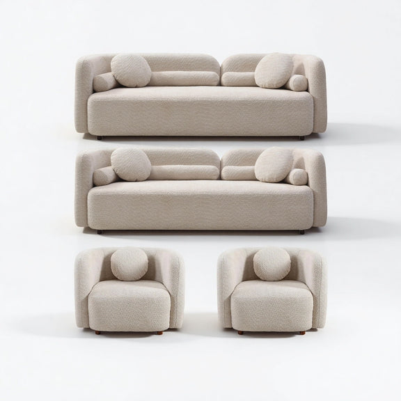 Beige upholstered seating set with two sofas and two armchairs, round accent cushions