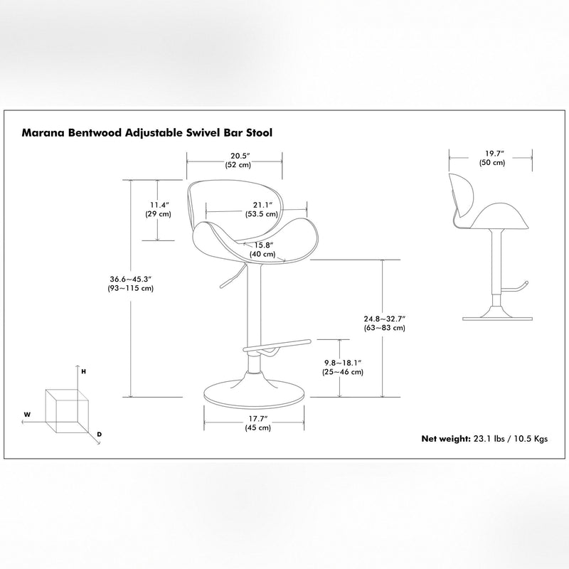 Adjustable swivel bar stool dimension diagram with height and seat measurements