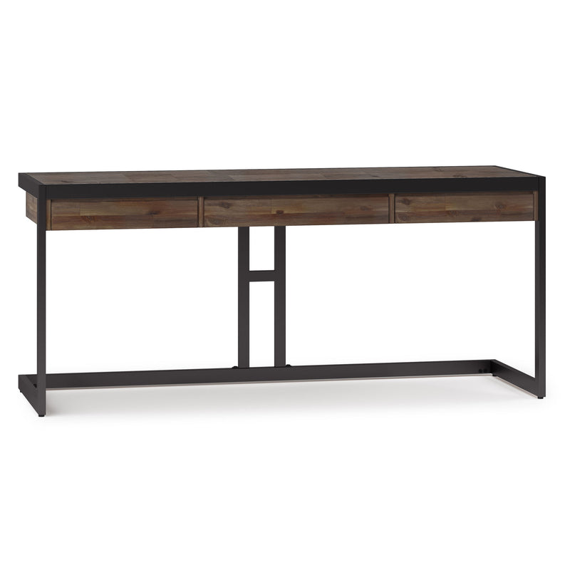 Rustic brown large desk with dark frame, two drawers, and open shelf
