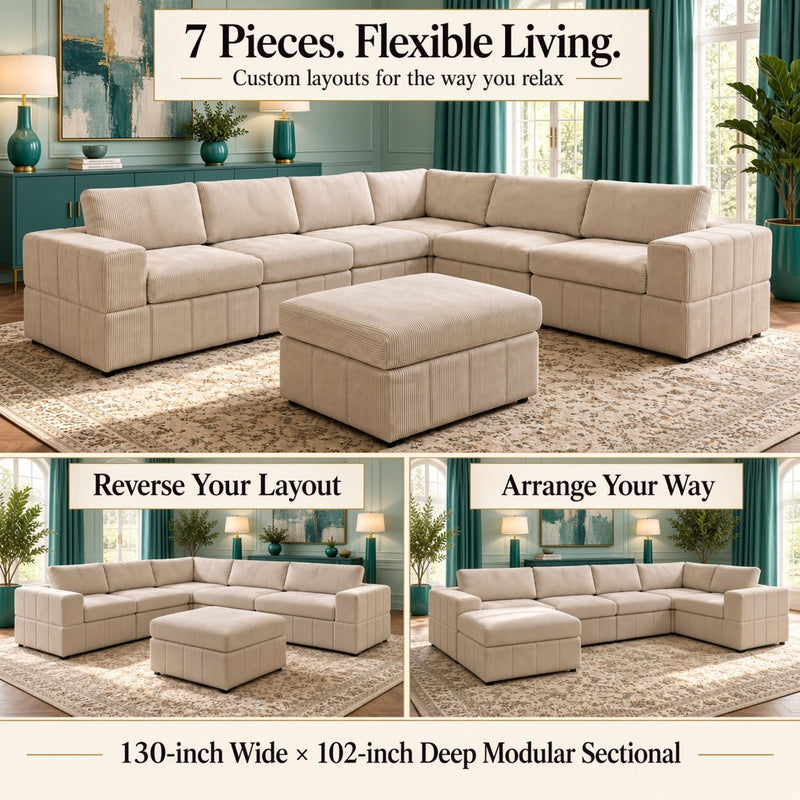 Beige modular sectional sofa and ottoman shown in reversible layout configurations.