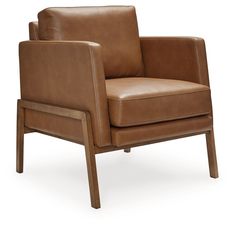 Caramel accent chair with padded arms, upholstered seat, and angled wooden legs