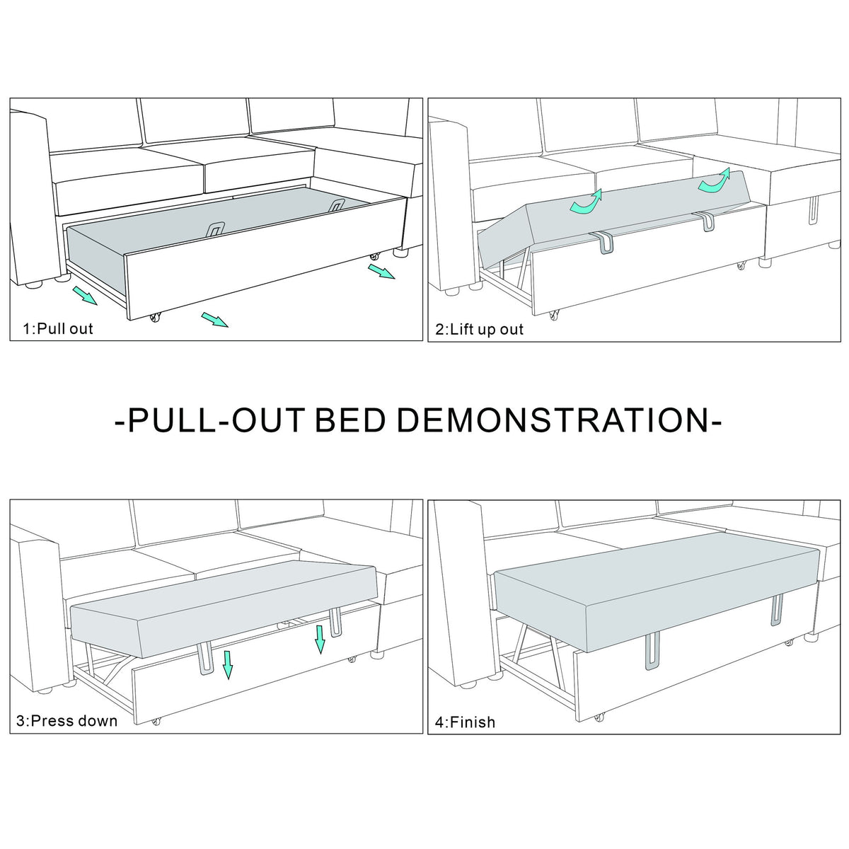 Pull-out bed demonstration showing the sectional bed unfolding in four steps