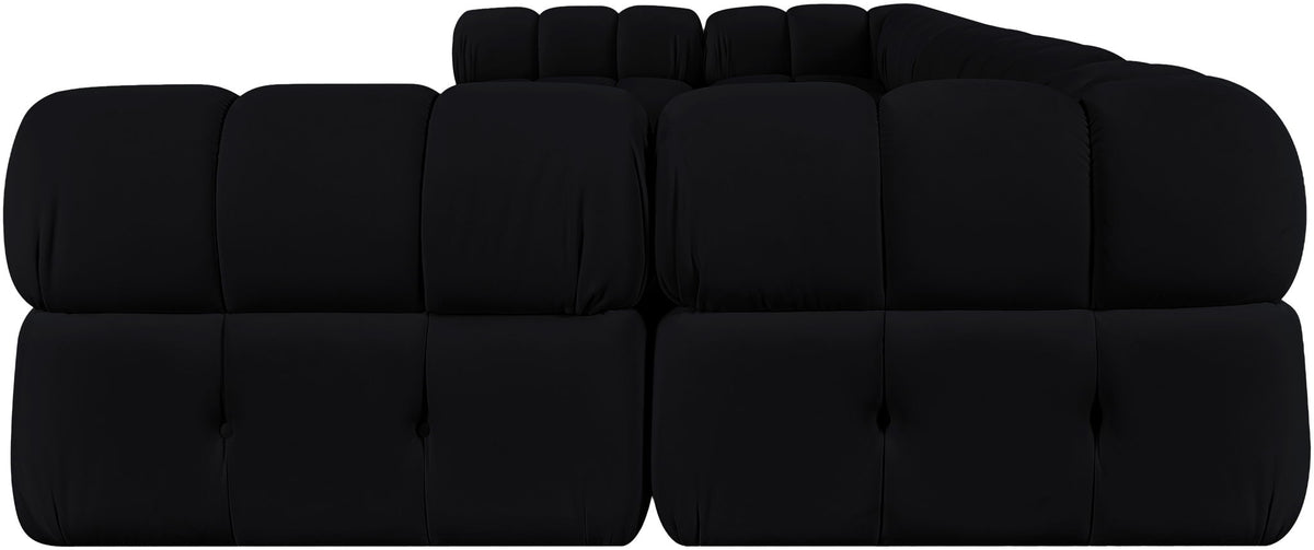 Black modular U-shaped sectional sofa with tufted seat cushions and rounded arm modules