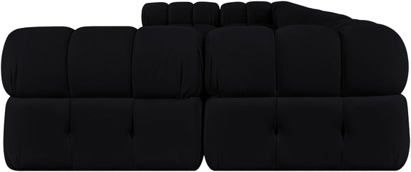 Black modular U-shaped sectional sofa with tufted seat cushions and rounded arm modules