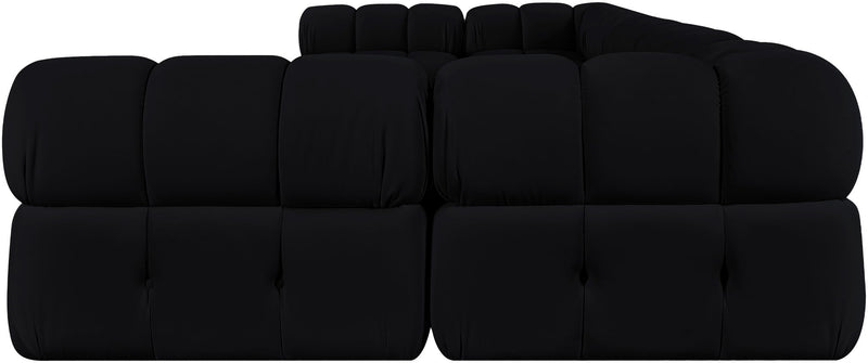 Black modular U-shaped sectional sofa with tufted seat cushions and rounded arm modules