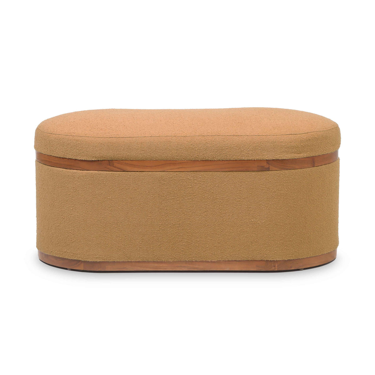 Olivier boucle oval storage ottoman, tan fabric seat with wooden base