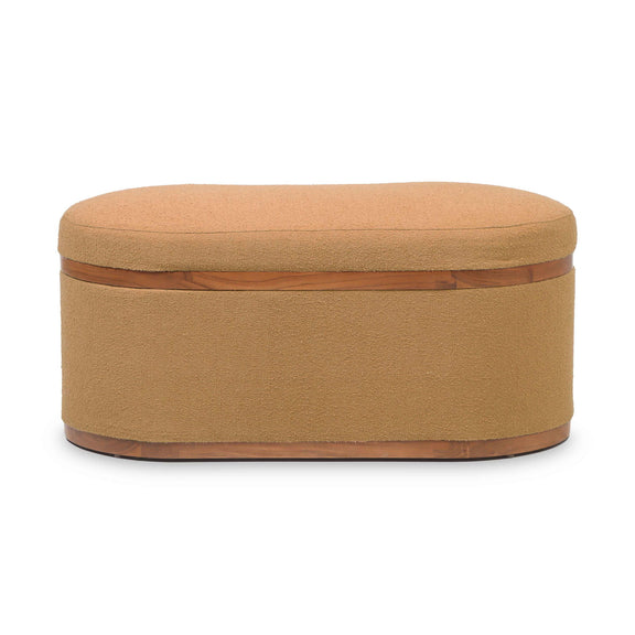 Olivier boucle oval storage ottoman, tan fabric seat with wooden base