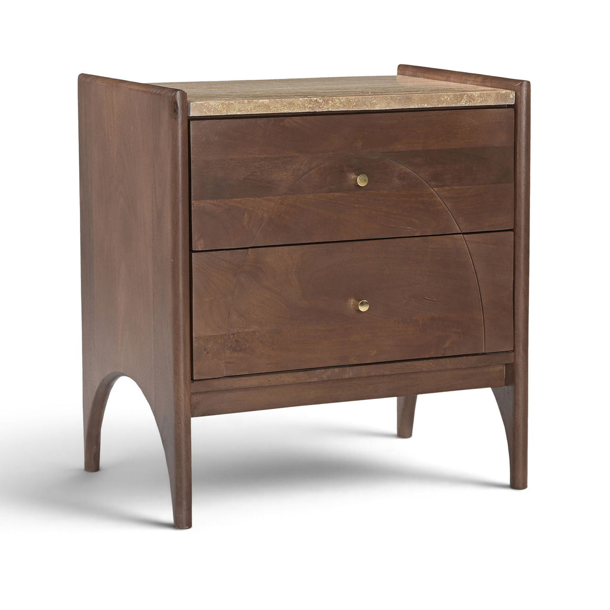 Dark brown mango wood nightstand with two front drawers and brass knobs