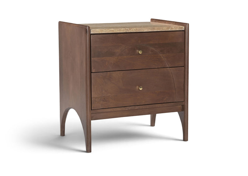 Dark brown mango wood nightstand with two front drawers and brass knobs