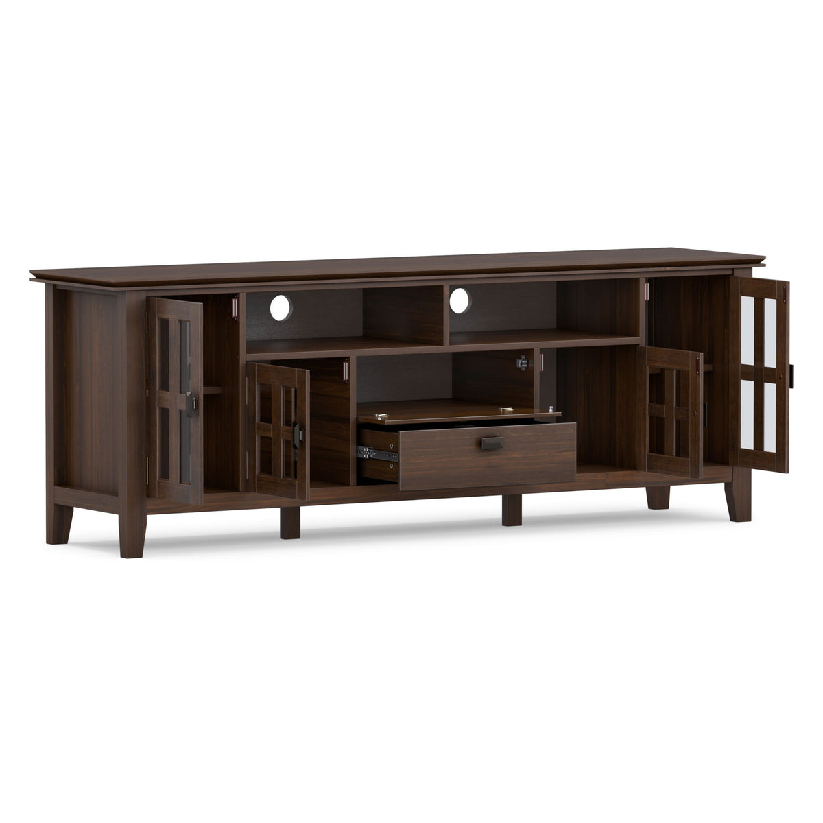 Dark brown TV media stand with cabinet doors, media shelves, and two drawers