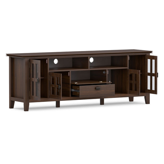 Dark brown TV media stand with cabinet doors, media shelves, and two drawers