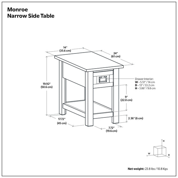 Monroe narrow side table dimensions diagram with measurements