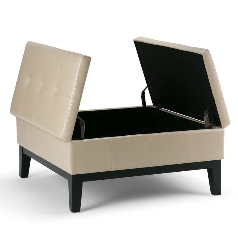 Beige lift-top storage ottoman coffee table with open lid and faux leather upholstery
