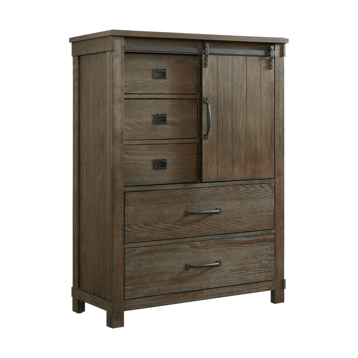 Dark brown 5-drawer chest front view with cabinet doors, three drawers, and handles