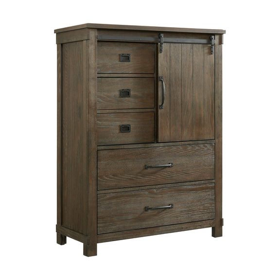 Dark brown 5-drawer chest front view with cabinet doors, three drawers, and handles
