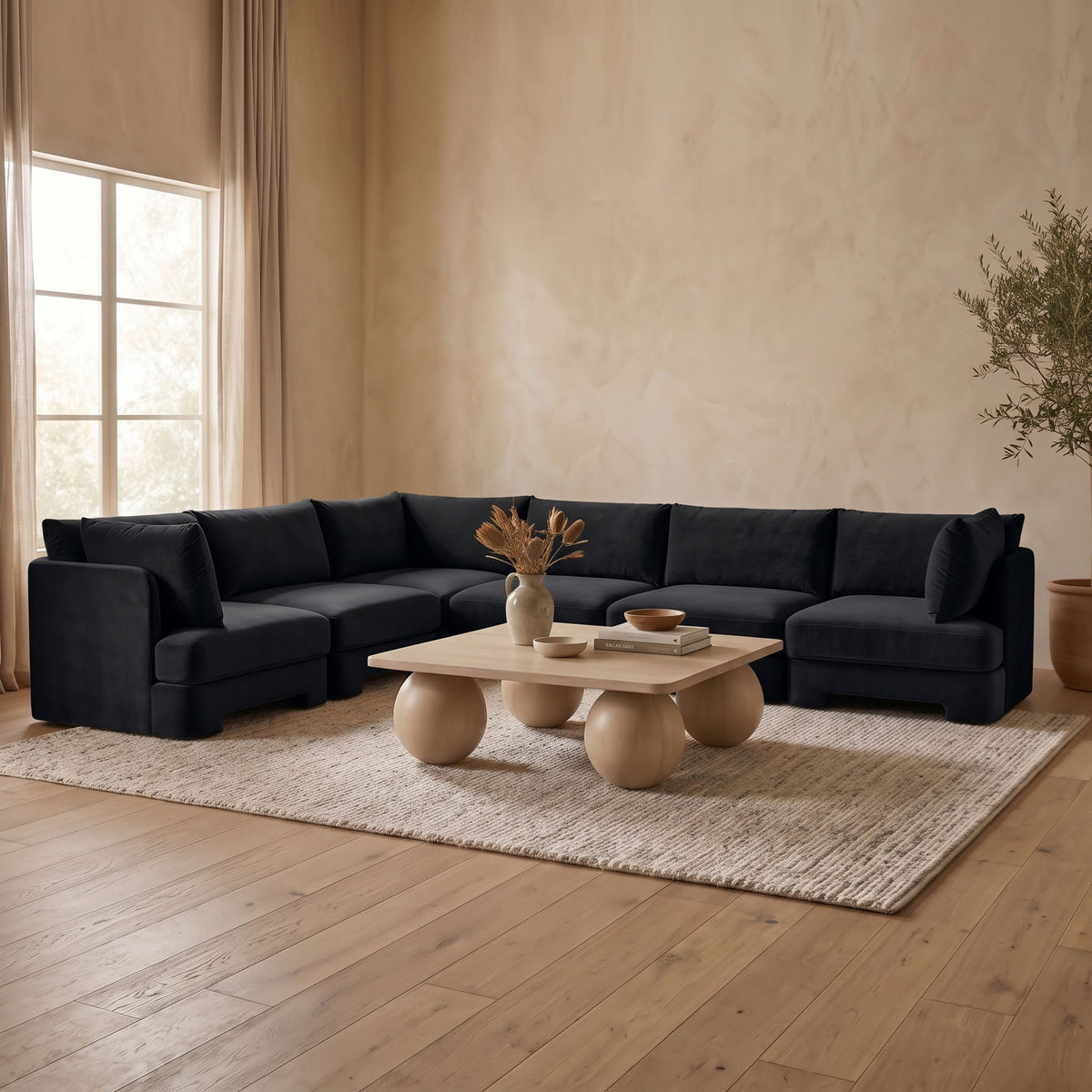 Black velvet armless U-shaped sectional sofa with chaise, 7-piece set