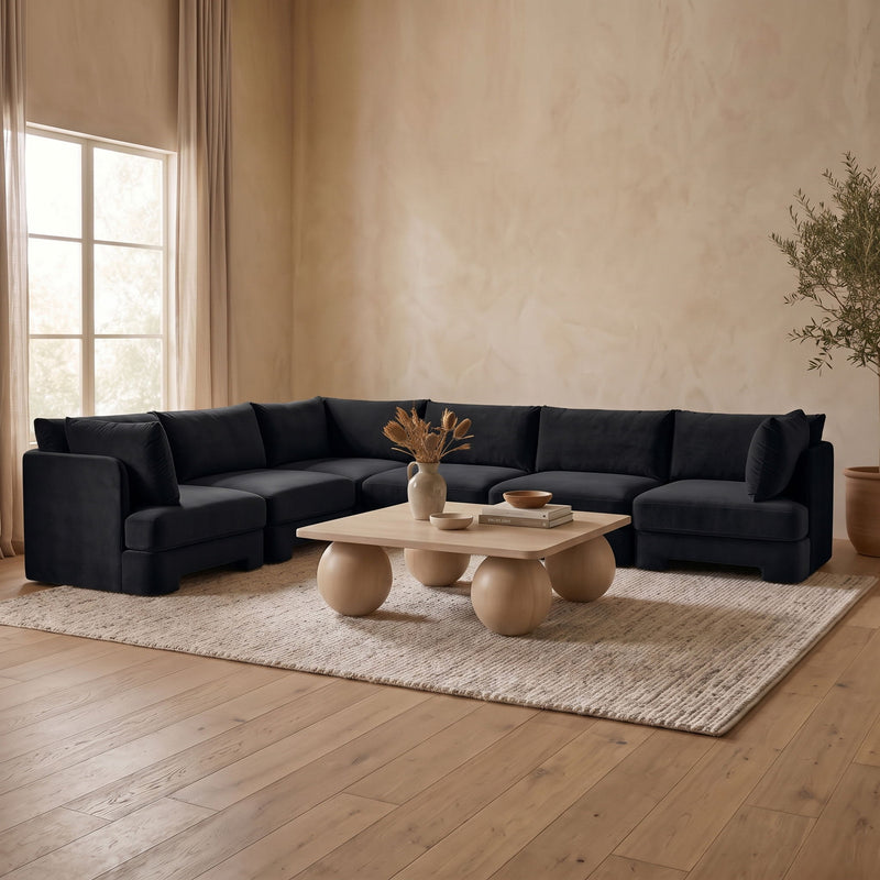 Black velvet armless U-shaped sectional sofa with chaise, 7-piece set