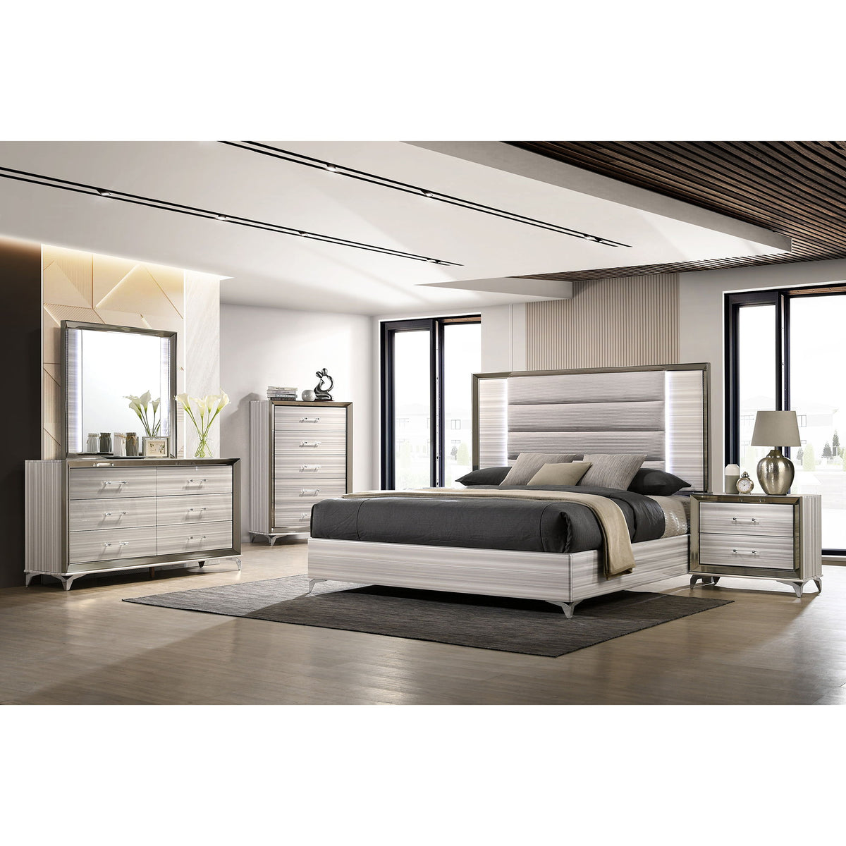 White two-drawer nightstand in bedroom, striped drawer fronts with metal pulls