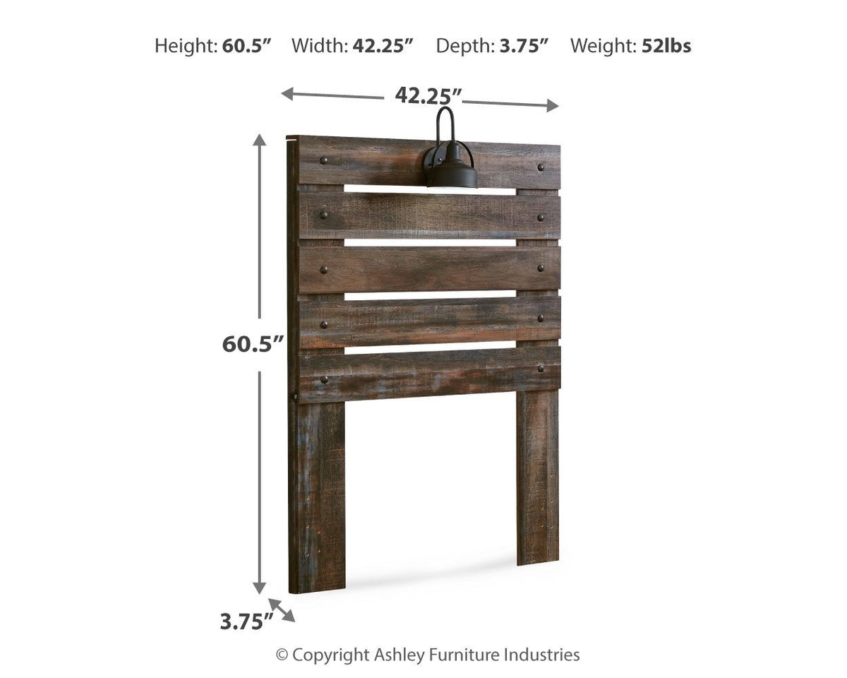 Rustic wood panel headboard with black lamp, front view with slat panels