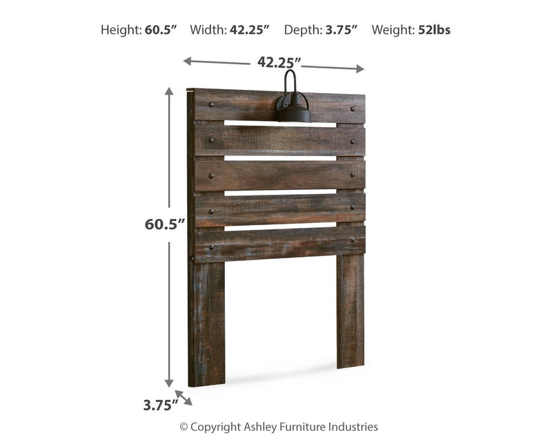 Rustic wood panel headboard with black lamp, front view with slat panels