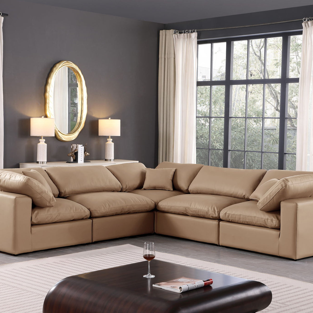Comfy - 5 Piece Faux Leather Modular Corner Sectional - Tan