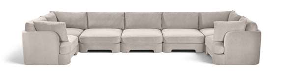 Light gray velvet U-shaped sectional sofa, 7-piece set with ottoman blocks