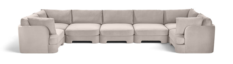 Light gray velvet U-shaped sectional sofa, 7-piece set with ottoman blocks