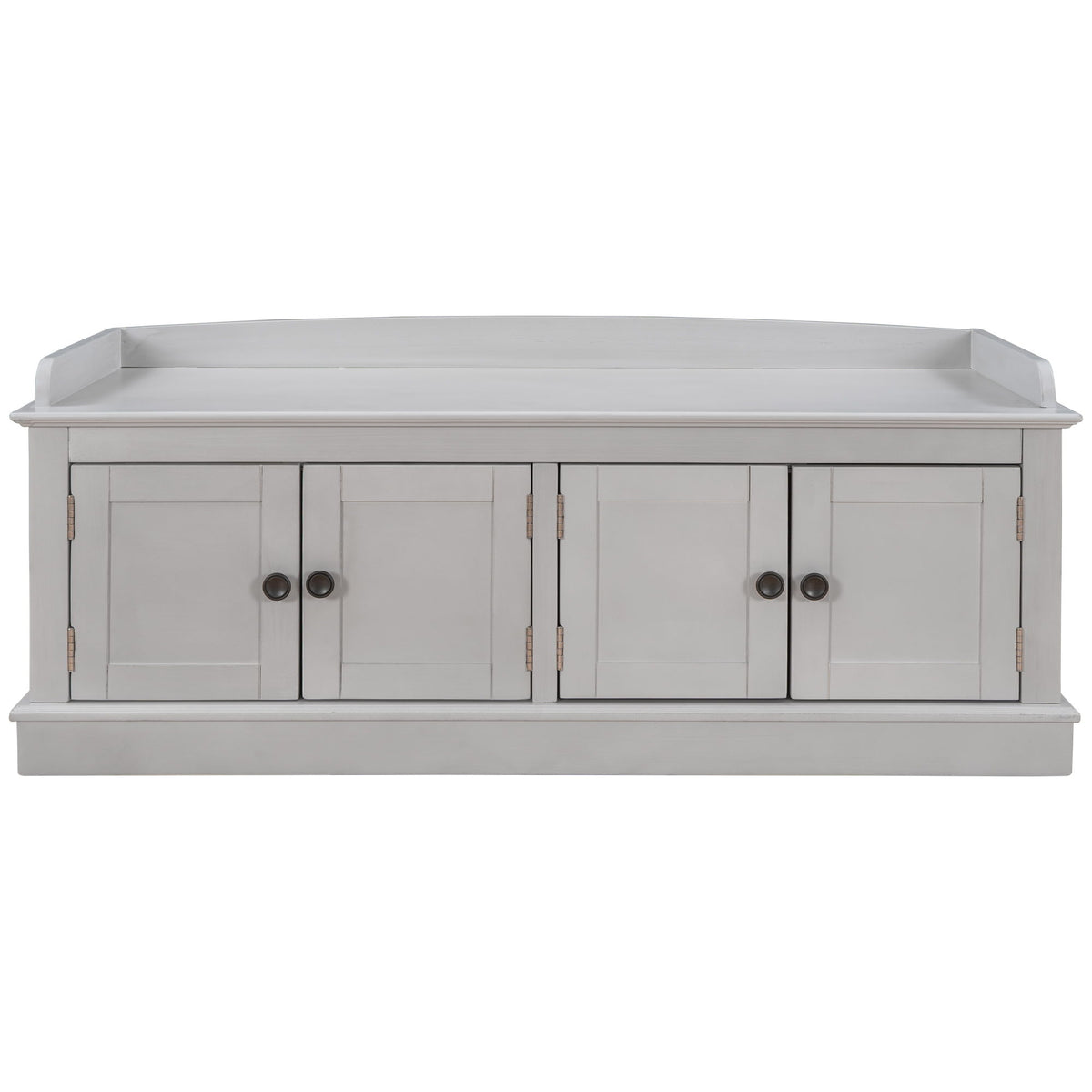 Light gray storage bench with four paneled doors and a raised back edge