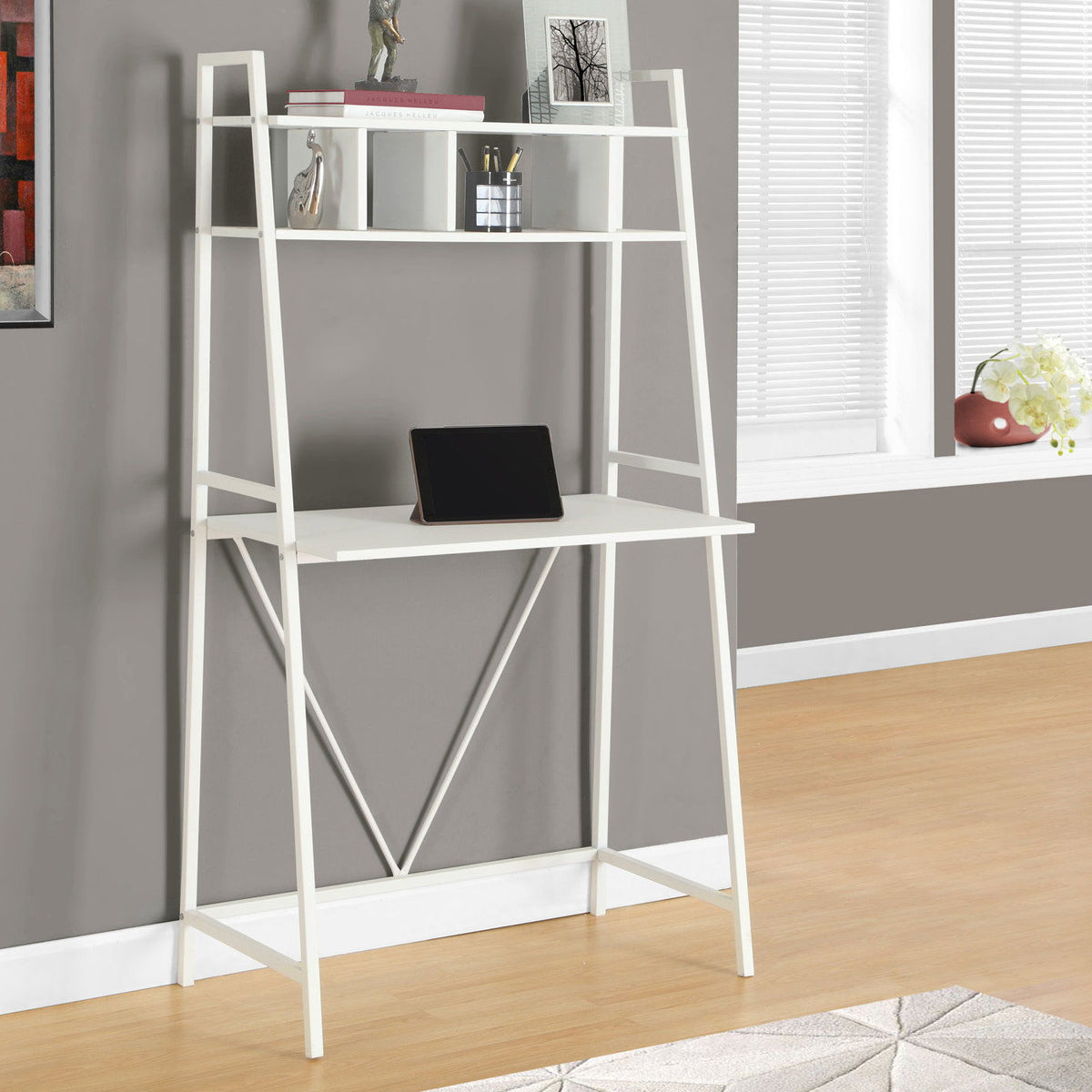Computer Desk For Home Office, Laptop, Leaning, Storage Shelves, Contemporary & Modern - White