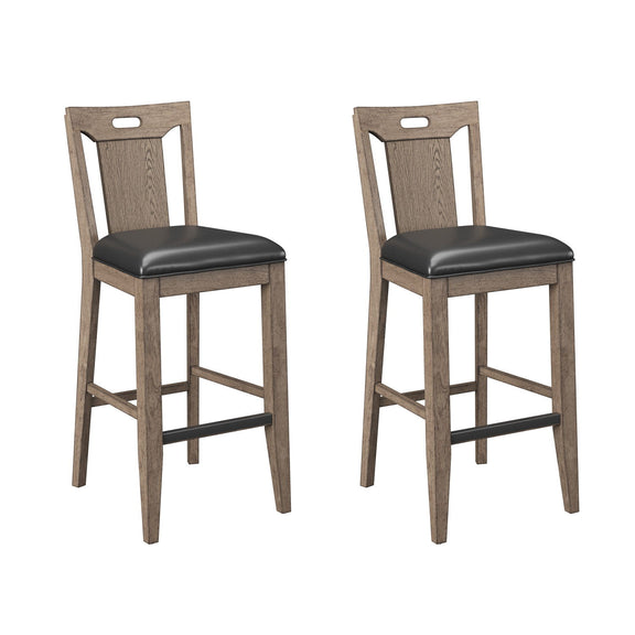 Set of 2 brown bar stools with slatted backs, black padded seats, and footrests