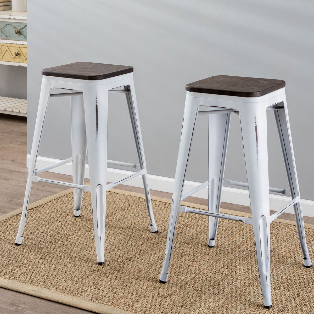 White barstools with dark wood square seats and footrests, metal legs (set of 2).