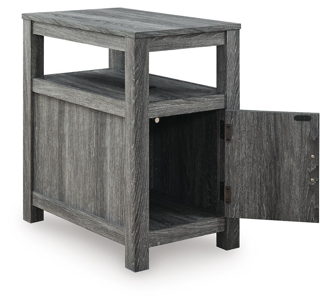 Chair side end table in dark gray wood with open shelf and cabinet door