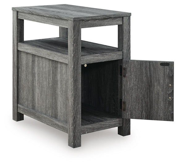 Chair side end table in dark gray wood with open shelf and cabinet door