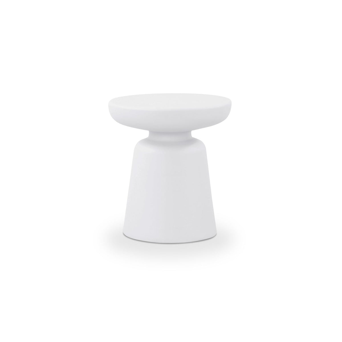 White outdoor side table with round top and tapered pedestal base