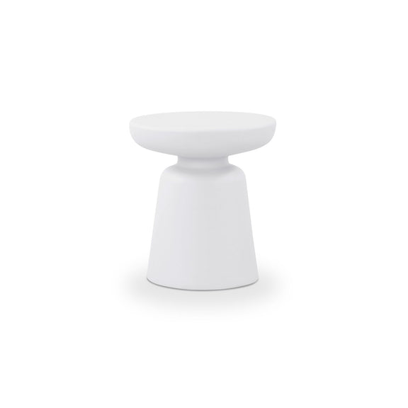 White outdoor side table with round top and tapered pedestal base