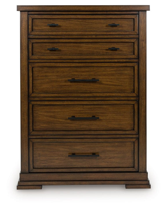 Medium brown wooden chest front with four drawers and black metal bar pulls