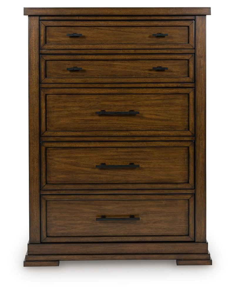 Medium brown wooden chest front with four drawers and black metal bar pulls