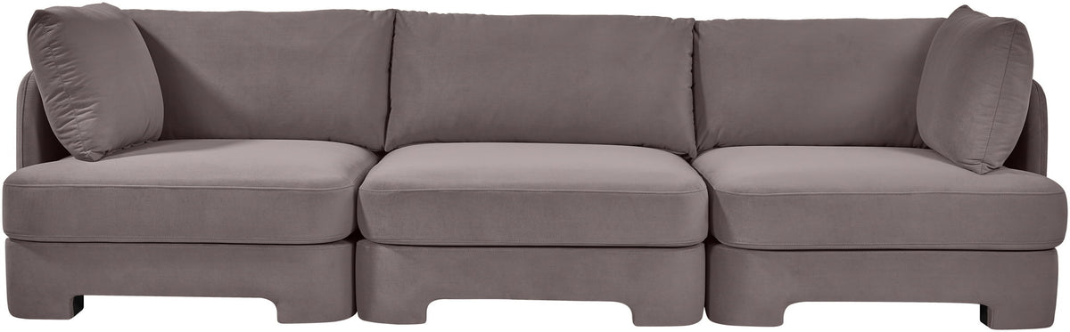 Gray upholstered 3-piece velvet sofa front view with back and seat cushions