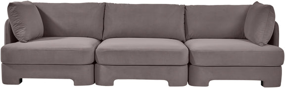 Gray upholstered 3-piece velvet sofa front view with back and seat cushions